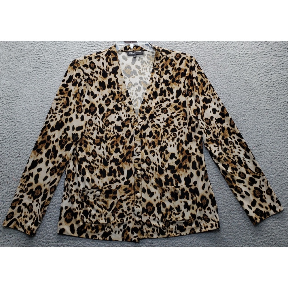 Jones New York Cardigan Sweater Women L Multi Stretch Leopard Print Button Front